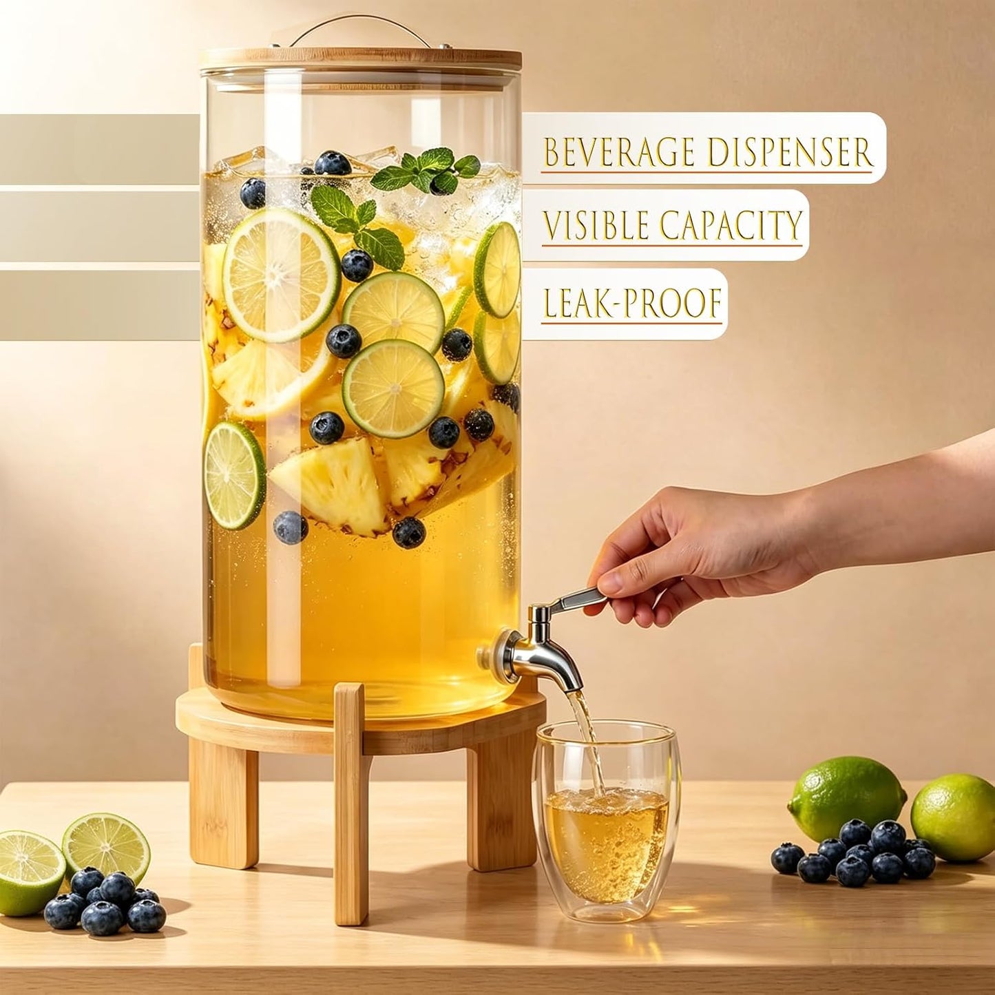 Beverage Dispenser, 4Gallon Glass Drink Dispenser with Stand, Stainless Steel Spigot, Ideal for Parties, Bars, Restaurants (15L/4 Gallon)