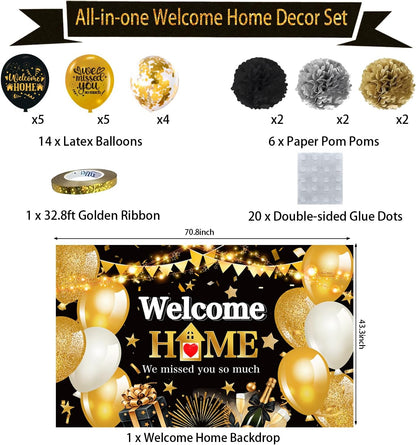 Welcome Home Party Decorations Set- Black Gold Welcome Back Decorations We Missed You So Much Banner Party, Glitter Welcome Home Party Sign Banner Balloons Decor Set, Family Reunion Party Supplies