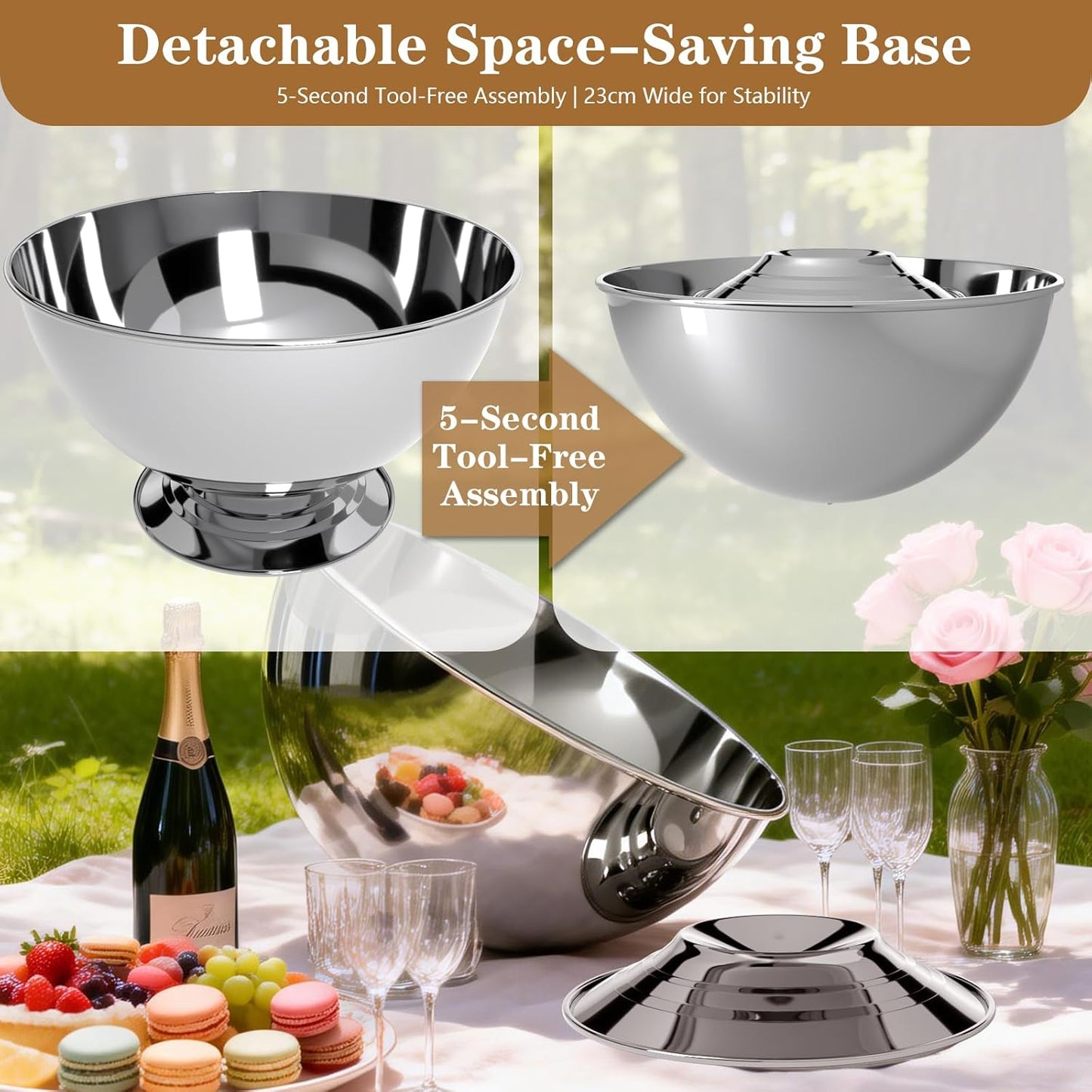 12L Large Stainless Steel Champagne Ice Bucket with Ice Scoop, Mirror Polished Punch Bowl with Detachable Stable Base, Holds Up to 10 Bottles for Parties, Weddings, Banquets and Restaurants(2 packs)