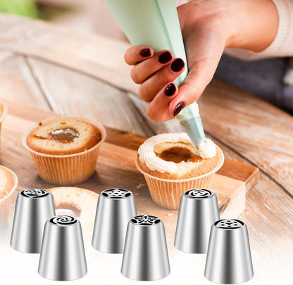 Dimeho 7 Pcs Round Hole Piping Tips Set Stainless Steel Cupcake Frosting Nozzles Cake Decorating Tool Russian Pastry Icing Dispensers Supplies for Baking Cookies Puff Doughnut Cream Bag Filler