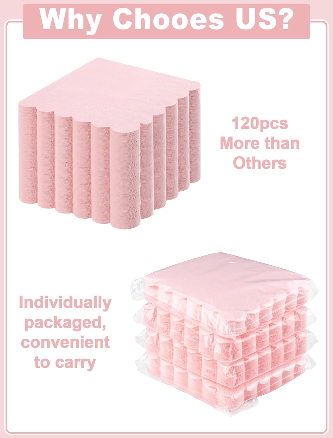 NatNarr 120 Pcs Cocktail Napkins Pink Mothers Day Paper Napkins Light Pink Dessert Beverage Napkin Cute Scalloped Party Napkin for Baby Bridal Shower, Birthday, 5 x 5 Inch