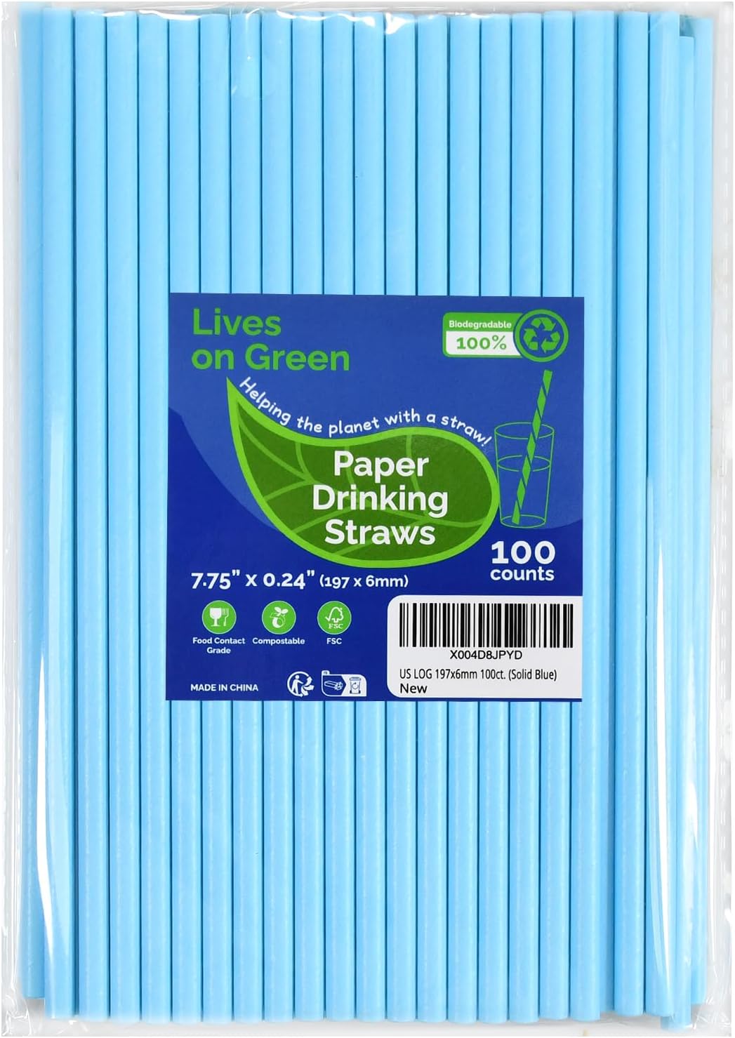 Disposable Paper Straws Solid Green - 7.75'' x 0.24'', 100 Counts - for Drinking, Beverage, Juice, Soda, Bar Supplies