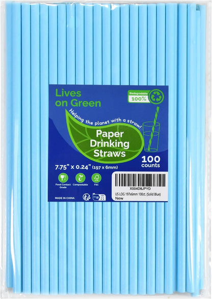 Disposable Paper Straws Solid Green - 7.75'' x 0.24'', 100 Counts - for Drinking, Beverage, Juice, Soda, Bar Supplies