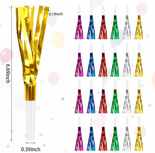 Gold New Years Noise Makers 24 PCS Glitter NYE Party Blowers Blowouts New Years Eve Games Favors Supplies Birthday Pep Rally for Adult Prank Graduation Sporting Events Horns Noisemakers Accessories