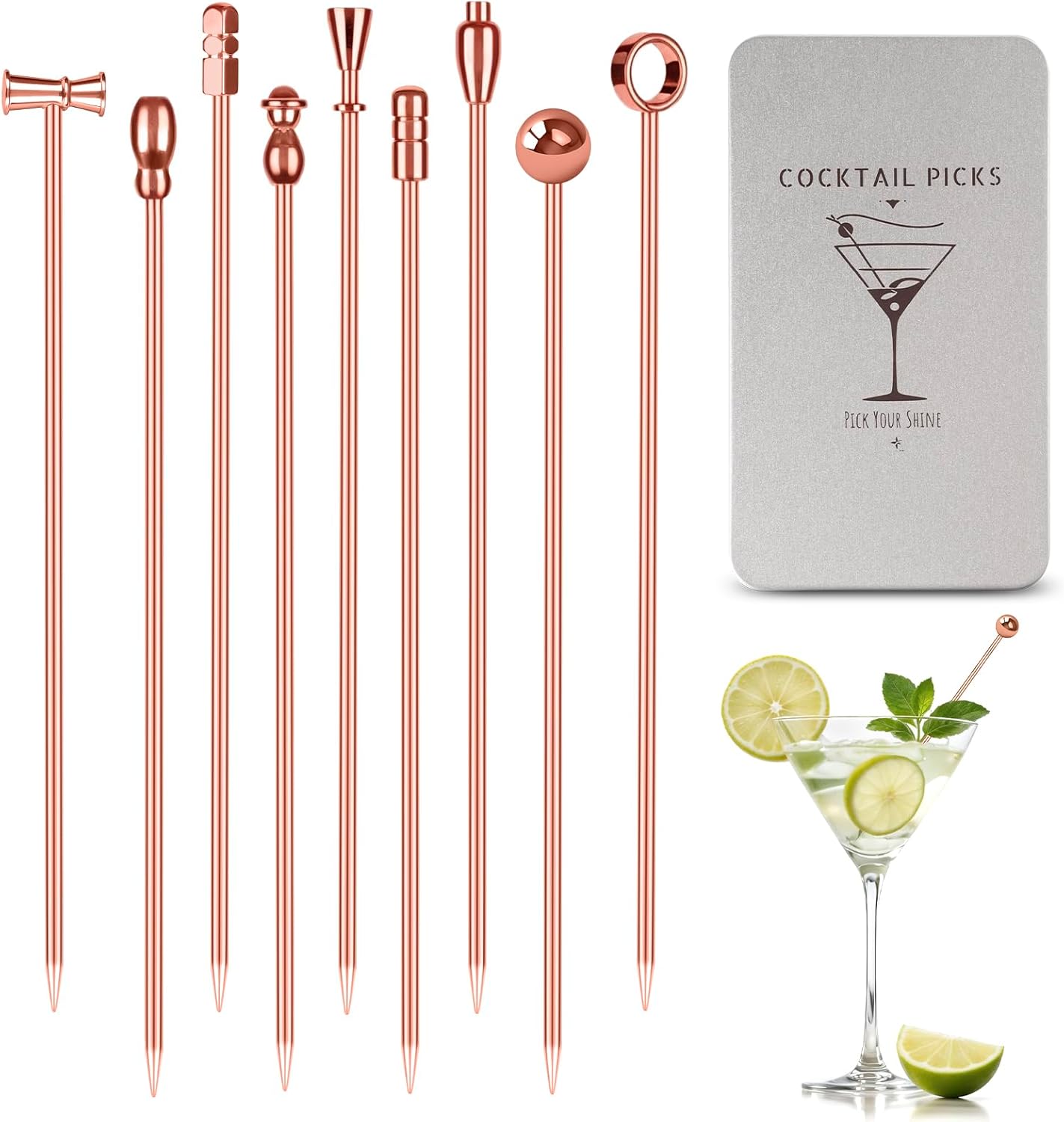 Metal Martini Cocktail Picks 9 Pcs, 4.1 in Olive Skewers Stainless Steel, Martini Garnish Sticks Reusable, Metal Toothpicks for Drinks, Appetizers, Bar Accessories Gift for Bartenders - Sliver