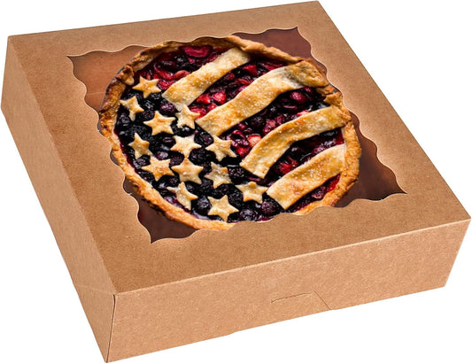 Tcoivs 20-Pack Pie Boxes 10" x 10" x 2.5", Bakery Boxes with Window, Auto-Popup Cookie Boxes for Pies, Cookies and Pastries (Brown)