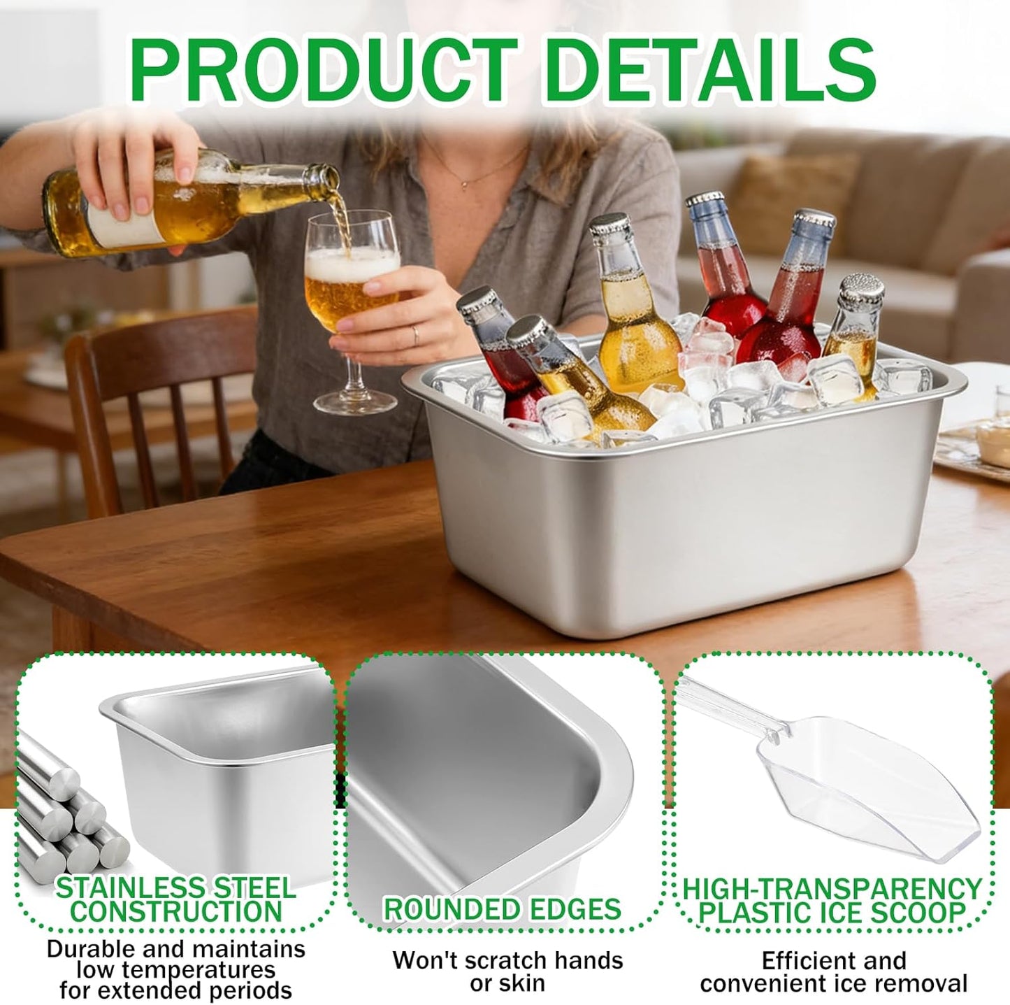Large Strainless Steel Beverage Tub, Ice Buckets for Parties, Beer Ice Bucket Drink Cooler, Metal Wine Beer Champagne Bucket Drink Chiller, Rectangular Ice Storage Tub Ice Cube Bin for Freezer (2 Pcs)