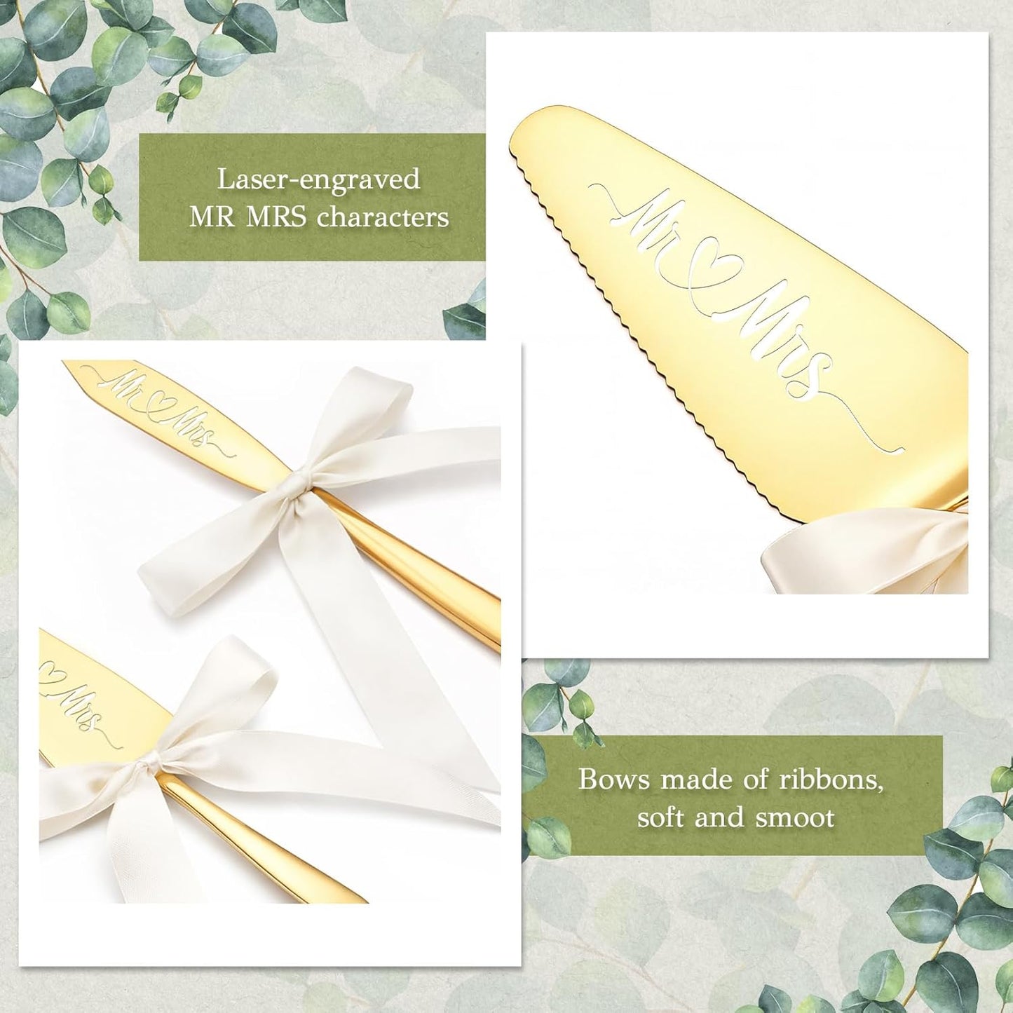 2 Pcs Bow Gold Wedding Cake Knife and Server Set Ivory White Ribbon Bow Mr Mrs Cake Cutting Set Boho Pastry Pie Server Pizza Cutter for Engagements Anniversaries Gifts for Couples