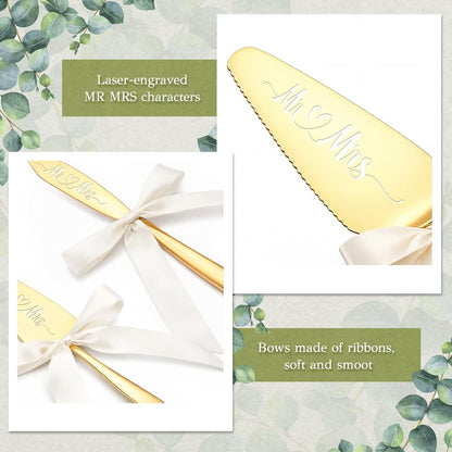 2 Pcs Bow Gold Wedding Cake Knife and Server Set Ivory White Ribbon Bow Mr Mrs Cake Cutting Set Boho Pastry Pie Server Pizza Cutter for Engagements Anniversaries Gifts for Couples