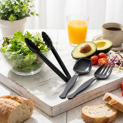 Mwellewm 18Pcs Serving Utensils, 10'' Plastic Serving Utensils Set, Disposable Serving Spoons for Buffet, Large Serving Tongs for Food, Heavy Duty Party Supplies for Salad Soup Cooking Catering(Black)