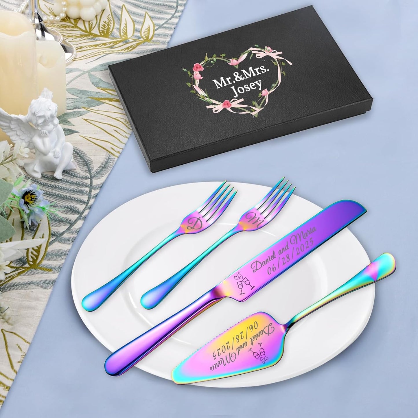 Personalized Wedding Cake Knife and Server Set, Wedding Gold Cake Cutting Set with Stainless Steel Forks, Customized Bridal Anniversary Birthday Wedding Registry Gifts for Couple (Non-customized)