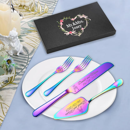 Personalized Wedding Cake Knife and Server Set, Wedding Gold Cake Cutting Set with Stainless Steel Forks, Customized Bridal Anniversary Birthday Wedding Registry Gifts for Couple (Non-customized)