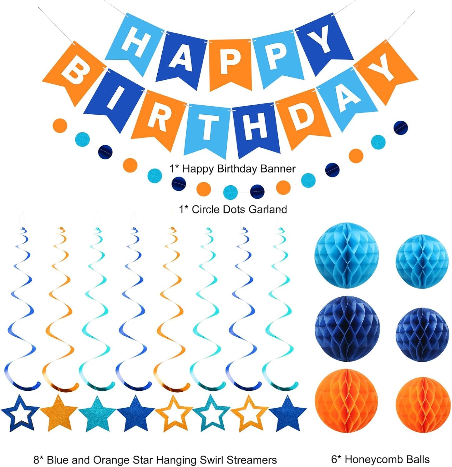 meowtastic Birthday Decorations, Happy Birthday Banner with Honeycomb Balls, Stars Hanging Swirl Streamers, Circle Dots Garland, Happy Birthday Party Decorations for Women Men Boys Girls (Blue)