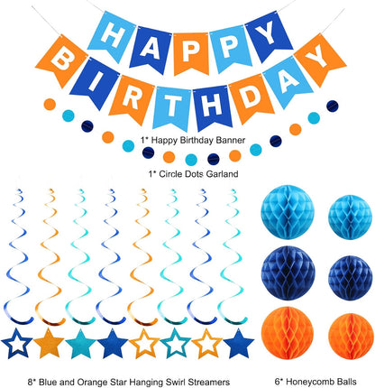 meowtastic Birthday Decorations, Happy Birthday Banner with Honeycomb Balls, Stars Hanging Swirl Streamers, Circle Dots Garland, Happy Birthday Party Decorations for Women Men Boys Girls (Blue)