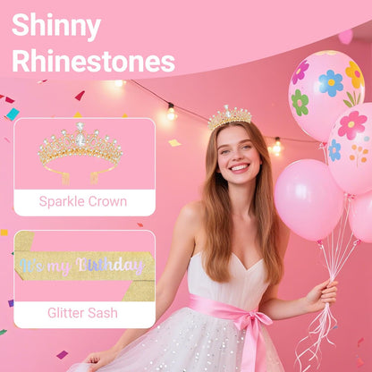 Birthday Tiara and Crown with Sash, Birthday Tiara for Women Party Silver