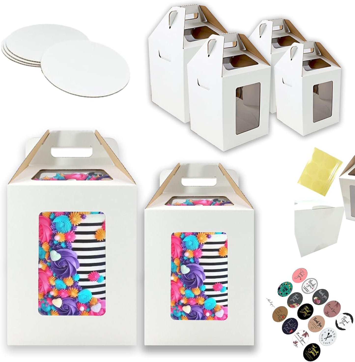 4 Pack Tri-Handle Tall Cake Boxes With Windows In 2 Sizes 10x10x12 & 12x12x14 + 4 Cake Boards 10" & 12", Bakery Caddy Carrier Container With Handle Ideal for 12" & 14" Tiered Cakes