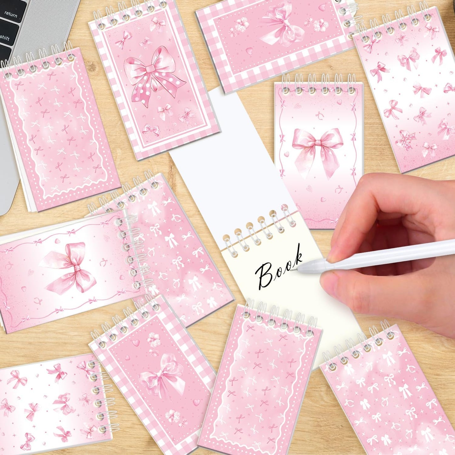 122PCS Pink Bow Party Favors - 50 Stickers, 12 Keychain, 12 Button Badges, 12 Mini Notepads, 12 Slap Bracelets, 12 Rubber Bracelets, 12 Goodie Bags for Girls for Coquette Birthday Decorations