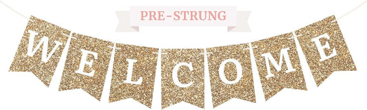 Pre-strung Welcome Banner - No DIY - Gold Glitter Welcome Banner - Pre-strung on 6 ft Strand - Classroom, Office, Front Door, Baby & Bridal Showers Party Decorations & Decor. Did We Mention No DIY