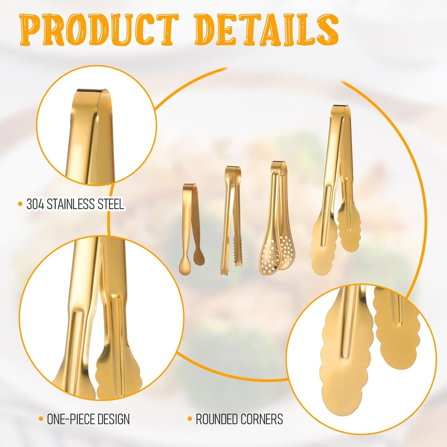 32 Pcs Mini Serving Tongs, Stainless Steel Buffet Serving Utensils Small Tongs Catering Kitchen Food Tong for Appetizer Tea Party Coffee Bar Food Ice Salad Barbecue Cookies, 4 Styles(Gold)