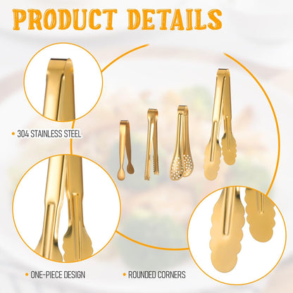 32 Pcs Mini Serving Tongs, Stainless Steel Buffet Serving Utensils Small Tongs Catering Kitchen Food Tong for Appetizer Tea Party Coffee Bar Food Ice Salad Barbecue Cookies, 4 Styles(Gold)