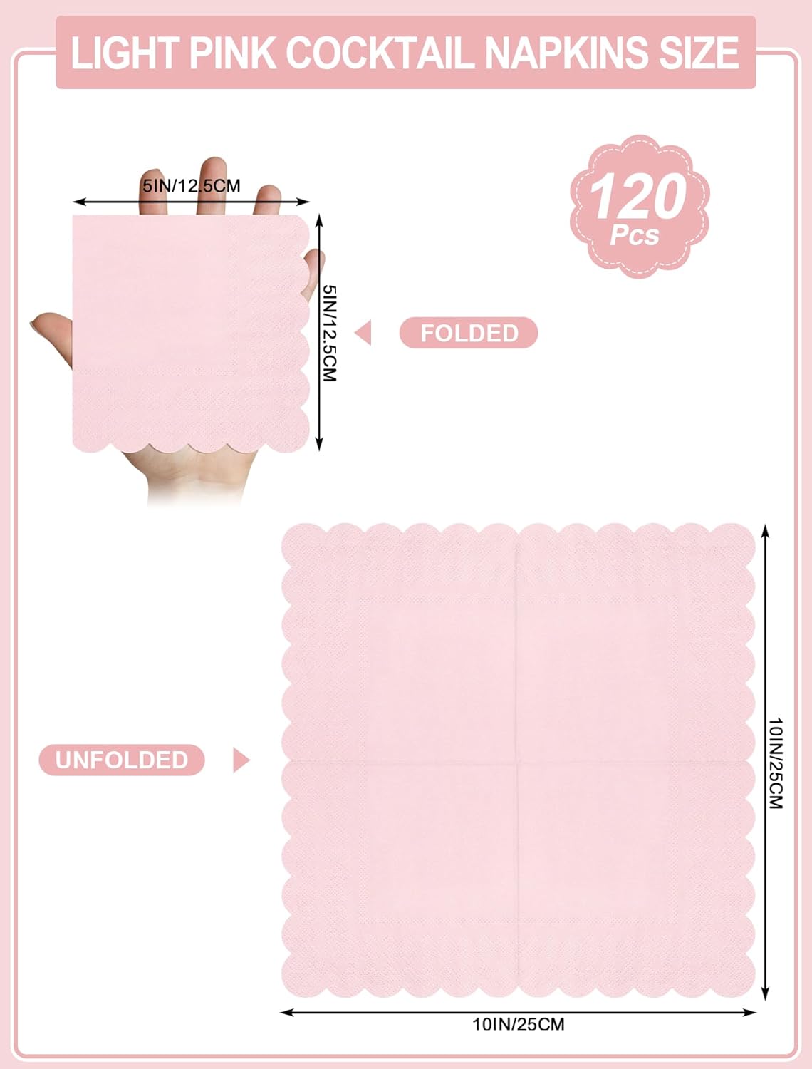 NatNarr 120 Pcs Cocktail Napkins Pink Mothers Day Paper Napkins Light Pink Dessert Beverage Napkin Cute Scalloped Party Napkin for Baby Bridal Shower, Birthday, 5 x 5 Inch
