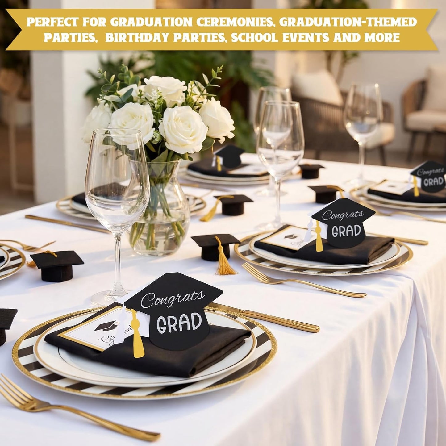 Colarr 2026 Graduate Place Cards with 2 Silver Marker Pen 50 Pcs Black Grad Caps Buffet Food Labels Congrats Grad Folded Tent Name Cards for Graduation Party Table Setting Decorations Supplies