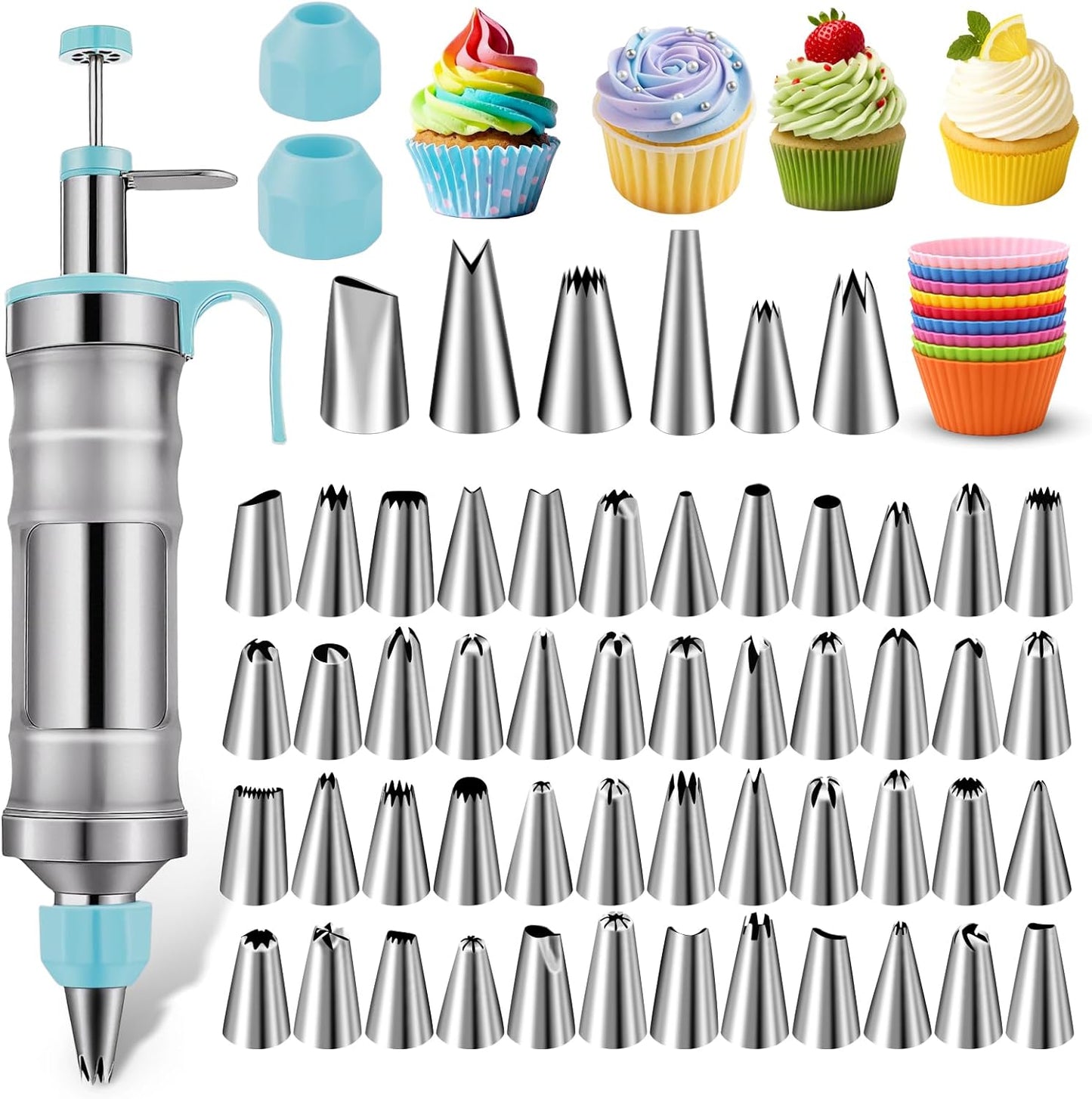NOVANO Dessert Decorating Syringe Set, Frosting Piping Kit Stainless Steels Cake Decorating Kit with 54 Piping Tips & 9 silicone cupcakes, Cupcake Decorating Kit Piping Bags and Tips Set