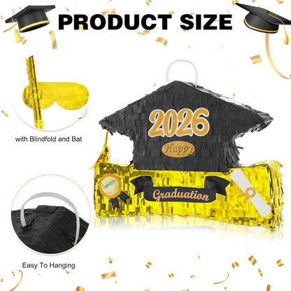 2026 Graduation Piñata with Stick,Blindfold,Confetti - 15.8 Inch Congrats Grad Cap Piñata Yellow End of Year Piñata Party Decoration for Kindergarten School Elementary College Games (Style 2)