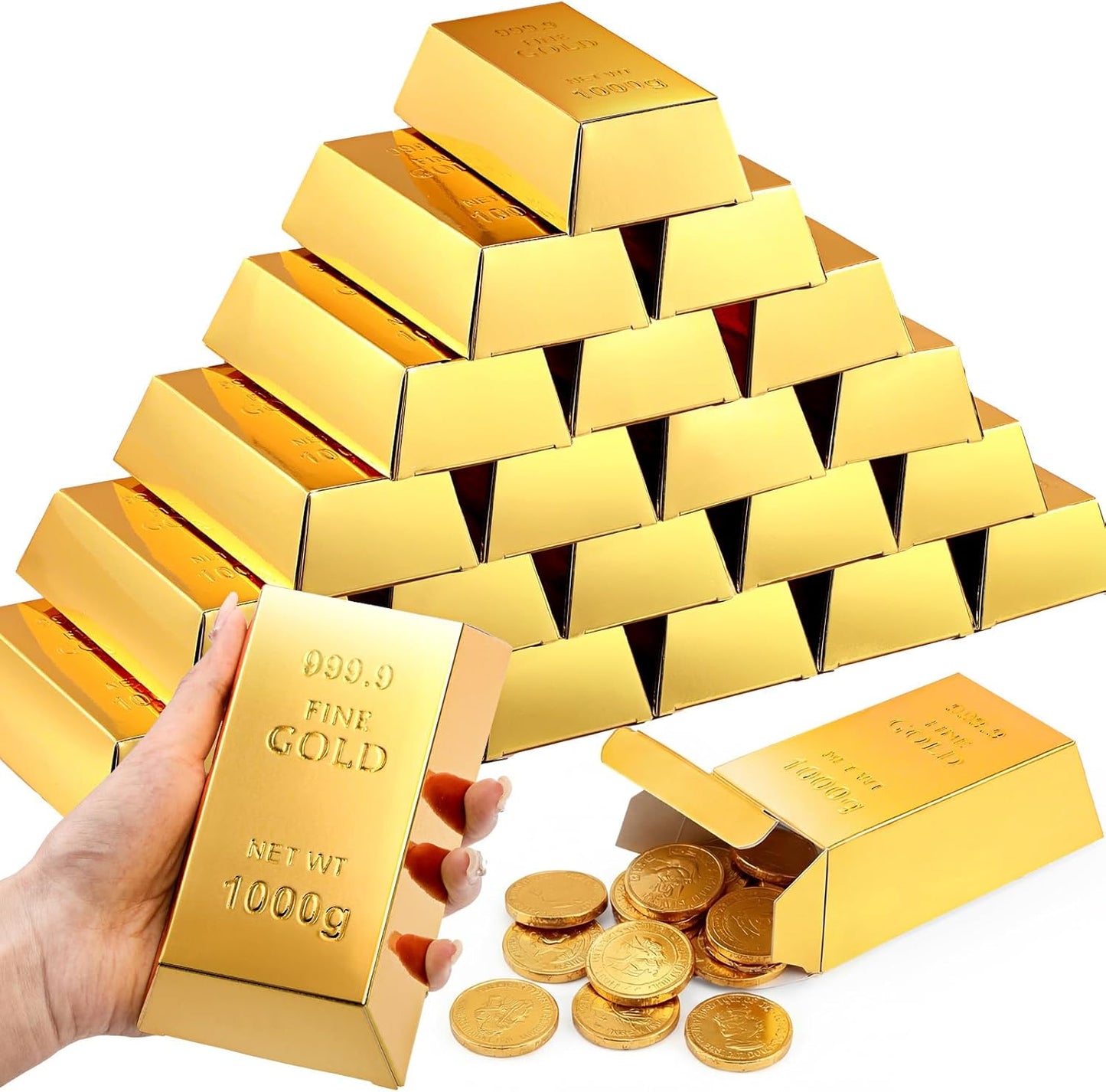 Honoson 24 Pcs Gold Bar Fake Gift Box Foil Gold Bar Party Favor Boxes Paper Golden Favor Boxes Treasure Brick for Pirate Casino Theme Party Decorations Candy Treats Chocolate Toys, 5.5 x 3.2 Inches