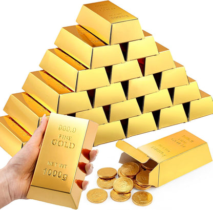 Honoson 24 Pcs Gold Bar Fake Gift Box Foil Gold Bar Party Favor Boxes Paper Golden Favor Boxes Treasure Brick for Pirate Casino Theme Party Decorations Candy Treats Chocolate Toys, 5.5 x 3.2 Inches
