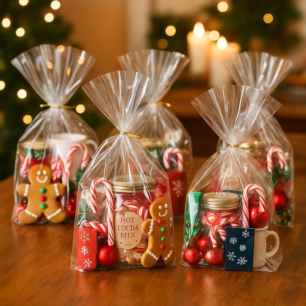 Wowfit 50 CT 8x11 inches Clear Bottom Gusset Cellophane Treat Bags with 6" Gold Twist Ties, Cello Packaging for Mugs, Dessert, Muffins, Party Favors and Gift Wrapping