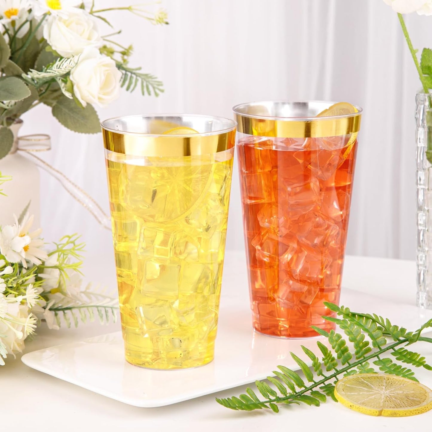 I00000 100 Pack 12 oz Gold Plastic Cups, Gold Rimmed Disposable Cups, Disposable Wine Glasses Cocktail Glasses Premium Cup with Golden Rim, 12 Ounce Plastic Tumblers for Party & Wedding