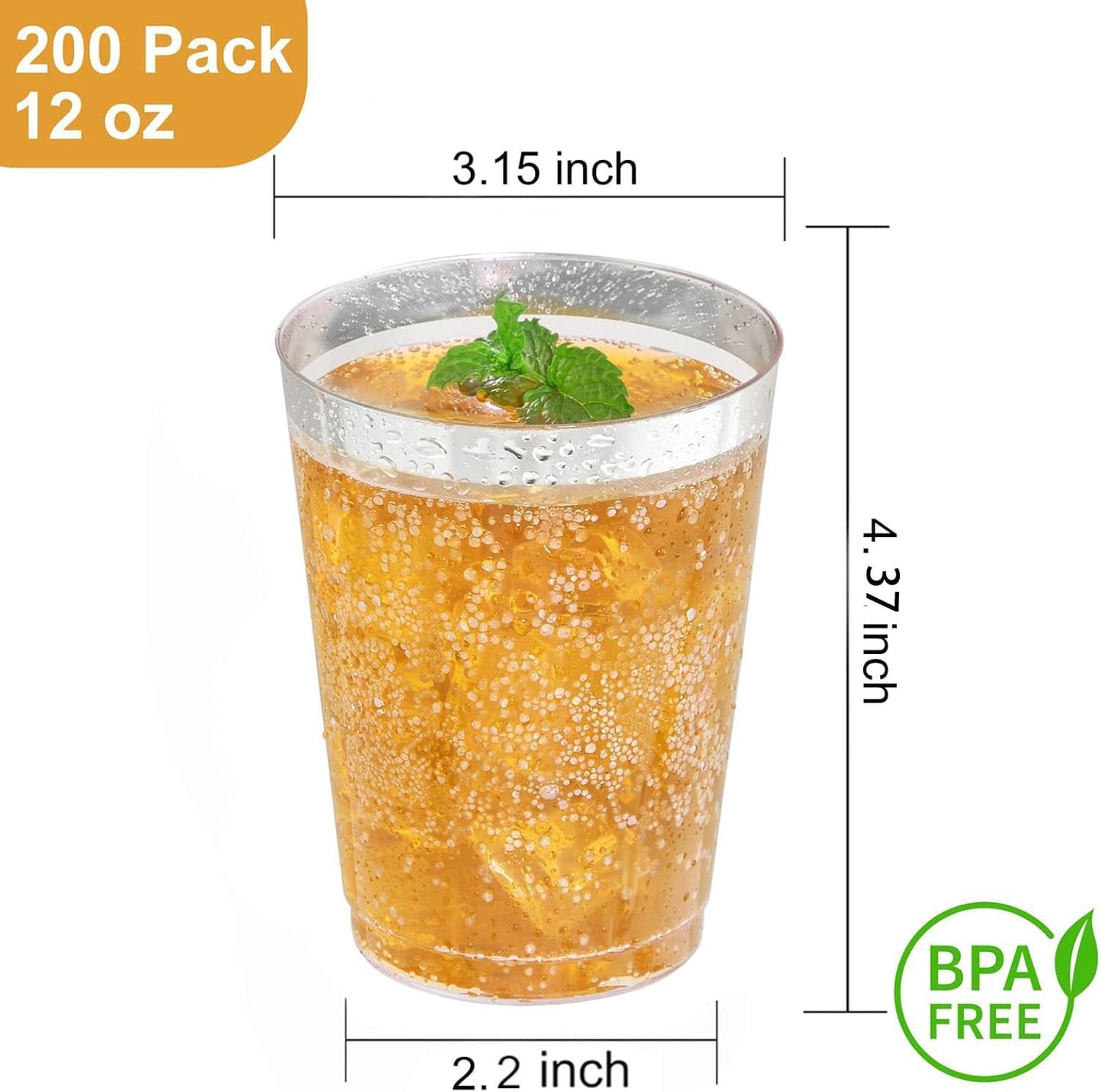 I00000 100 Pack 12 oz Gold Plastic Cups, Gold Rimmed Disposable Cups, Disposable Wine Glasses Cocktail Glasses Premium Cup with Golden Rim, 12 Ounce Plastic Tumblers for Party & Wedding