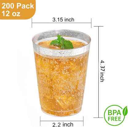 I00000 100 Pack 12 oz Gold Plastic Cups, Gold Rimmed Disposable Cups, Disposable Wine Glasses Cocktail Glasses Premium Cup with Golden Rim, 12 Ounce Plastic Tumblers for Party & Wedding