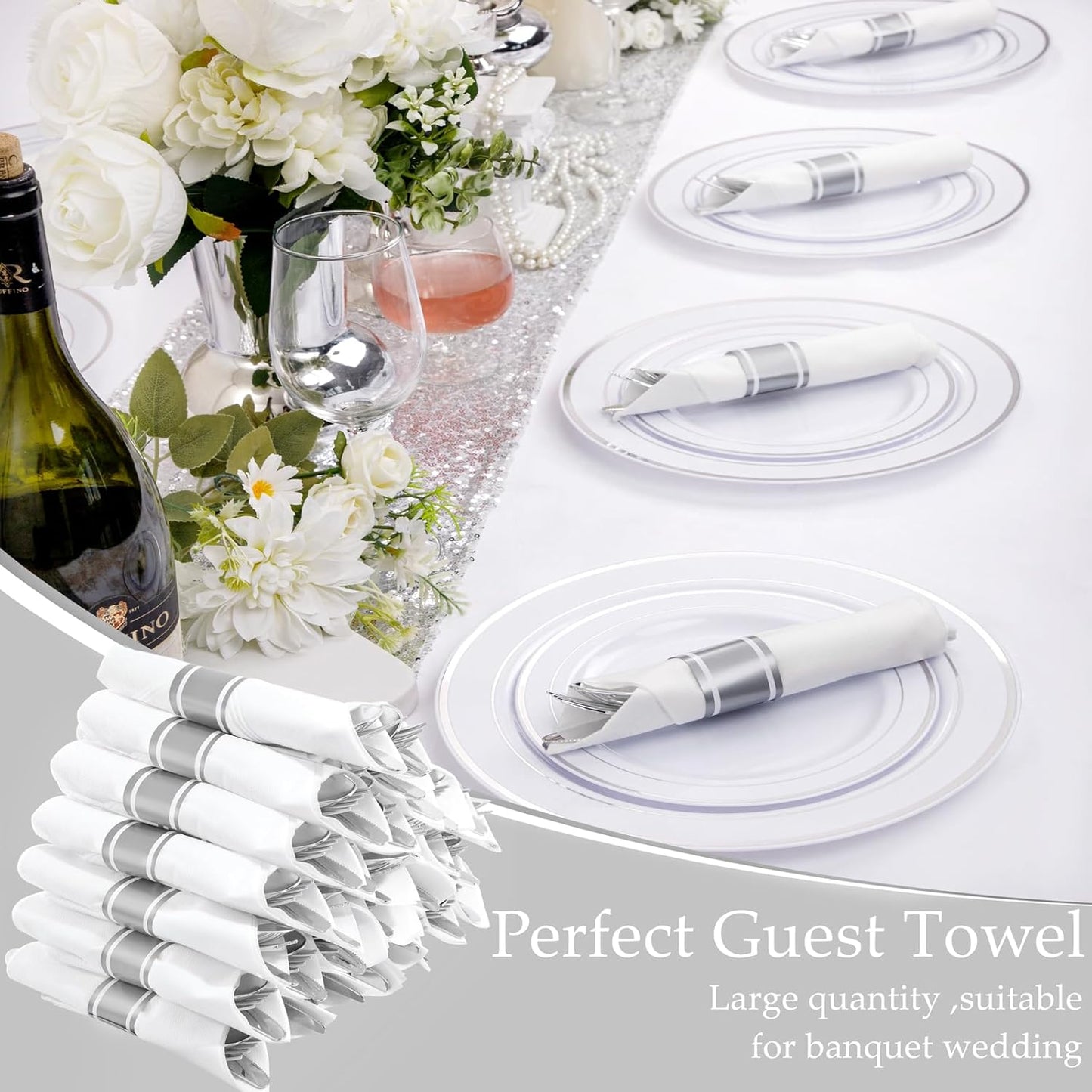 Supernal 240 Silver Plastic Silverware Set - 60 Sets Pre Rolled Napkins with Cutlery - Mirror Polished Real Look Disposable Silver Utensils- Elegant Heavy Duty Flatware for Weddings & Catering