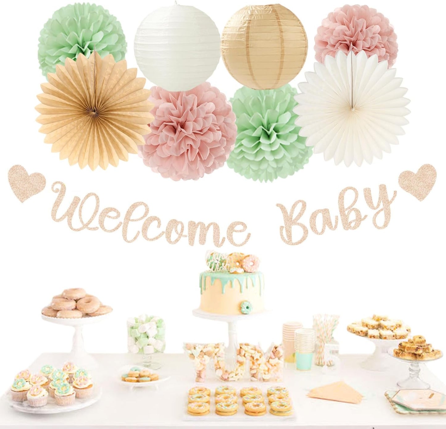 Champagne-Gold Beige Fall Baby-Shower Party-Decorations - 36pcs Welcome Home Banner Sign,Neutral Paper Lanterns,Girl Streamers Garland,Boho Hanging Tissue Pom Poms Flowers Fans Backdrop Decor Burgleda