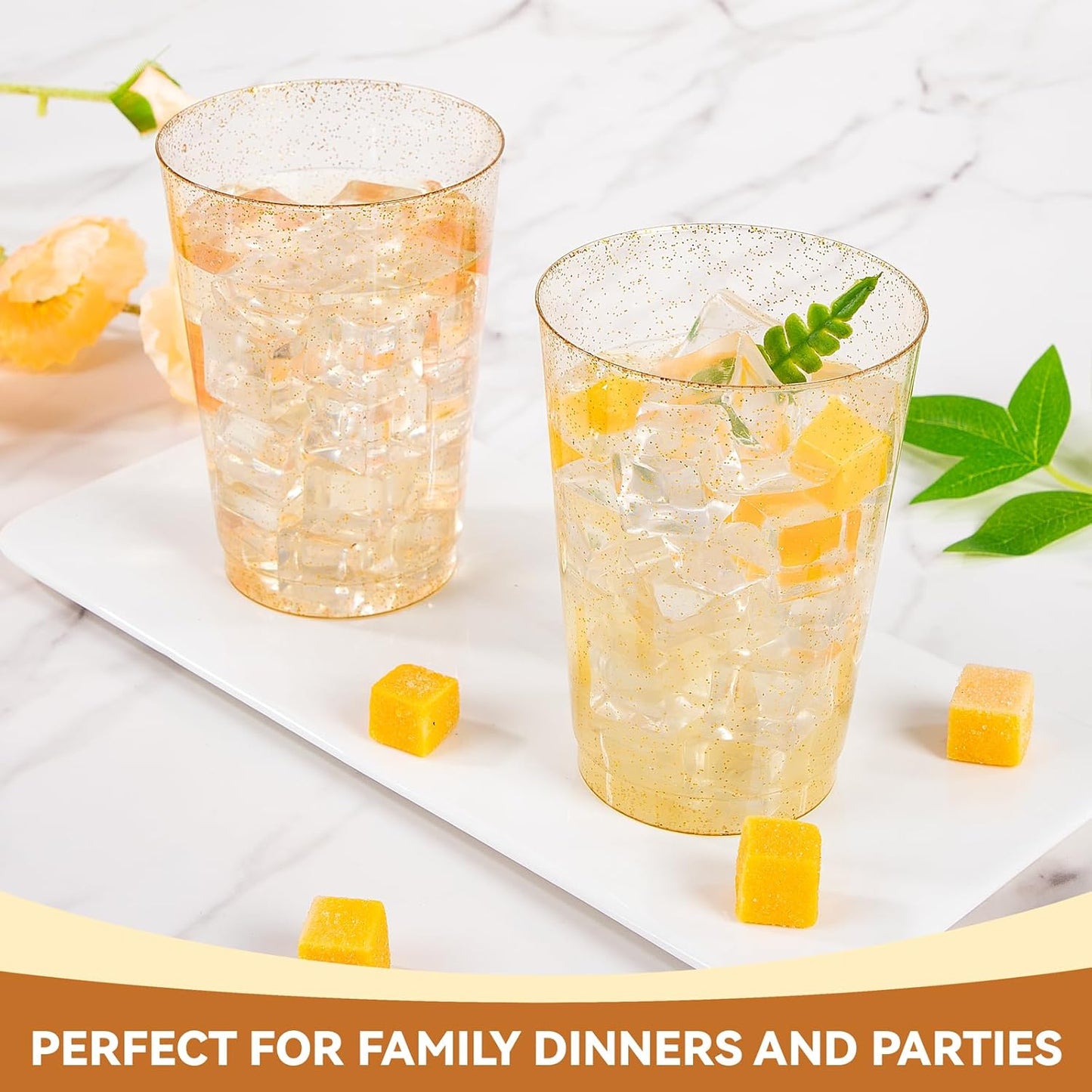 supernal 100pcs Gold Plastic Cups 12 oz, Glitter Clear Disposable Cups Heavy Duty, Fancy Plastic Cocktail Tumblers for Wedding, Parties Champagne & Mixed Drinks