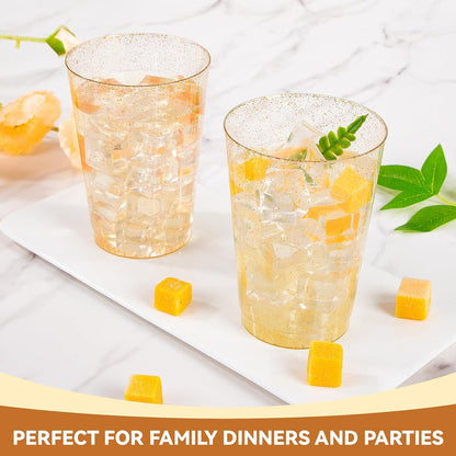 supernal 100pcs Gold Plastic Cups 12 oz, Glitter Clear Disposable Cups Heavy Duty, Fancy Plastic Cocktail Tumblers for Wedding, Parties Champagne & Mixed Drinks