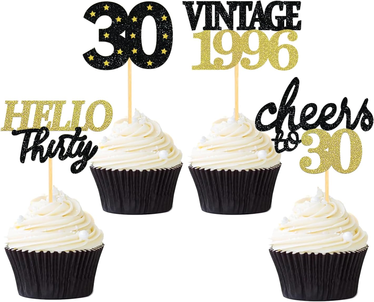 24 PCS Glitter 30th Birthday Cupcake Toppers for Celebrating Thirty Years Old Birthday Party Decorations for 30th Anniversary Party Supplies (Gold)