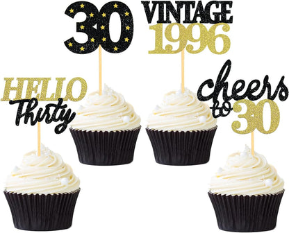 24 PCS Glitter 30th Birthday Cupcake Toppers for Celebrating Thirty Years Old Birthday Party Decorations for 30th Anniversary Party Supplies (Gold)