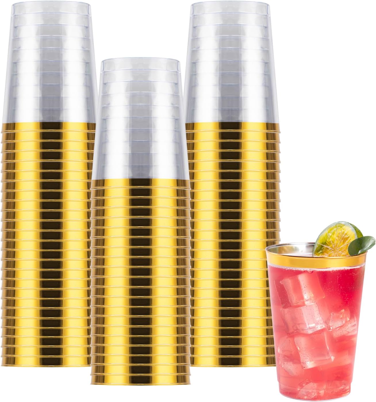 Goodluck 100PCS 9oz Gold Plastic Cups for Party, Disposable Gold Rim Cups, Plastic Cocktail Glasses for Wedding Thanksgiving, Christmas, and Parties