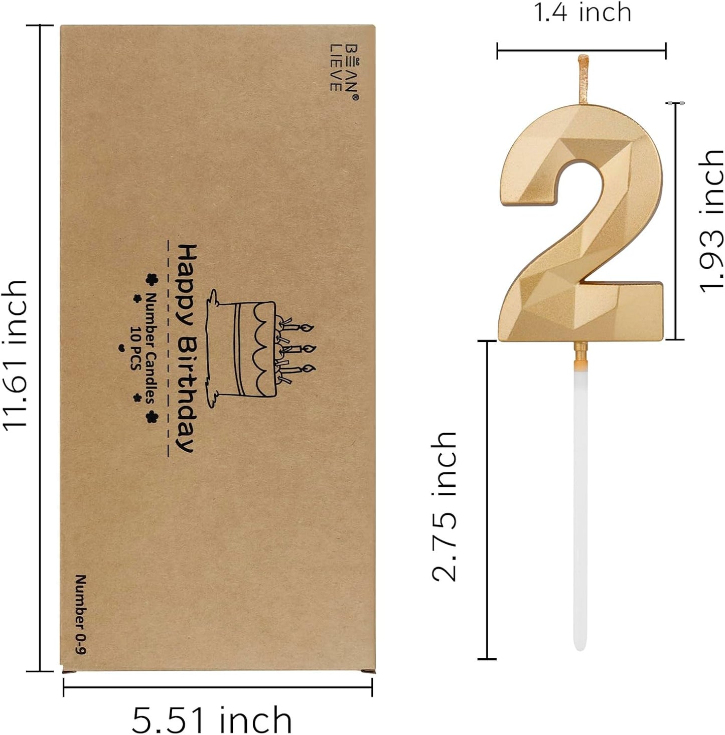 BEAN LIEVE Number Candles 0-9 Set - 10-Pack Diamond-Cut Birthday Candles, Cake Candles - Bulk Cake Decor for 1st-98th Birthdays, Photos, Parties - Kids Women Family Celebrations (Champagne Gold)