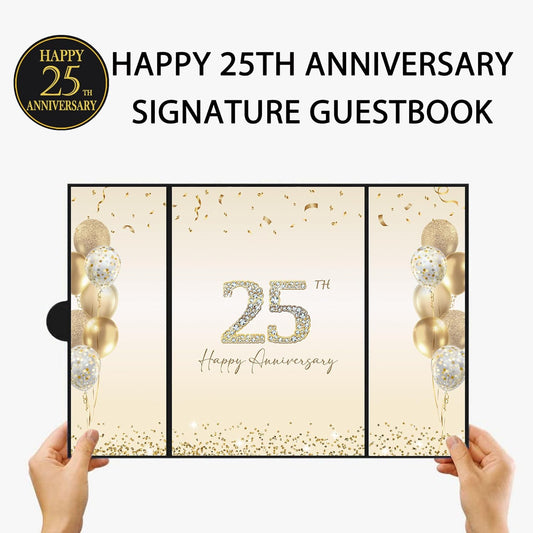 DARUNAXY Black Gold Happy Anniversary Party Decorations, Happy Anniversary Alternative Signature Guest Book Wedding 1st 10th 40th 50th Anniversary Signing Card Board Party Supplies