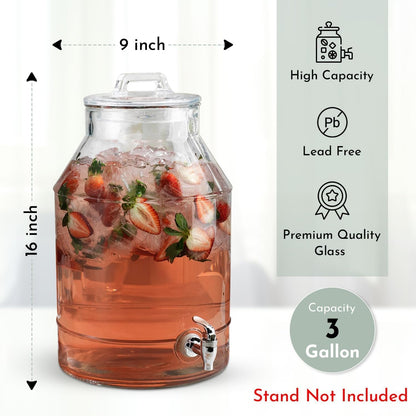 1.5 Gallon Glass Drink Dispenser for Parties 3 PACK Beverage Dispensers with Stand, Glass Water Jug Dispenser, with 18/8 Stainless Steel Spigot, Great for Party, Wedding, Picnic, BBQ Wicker Design