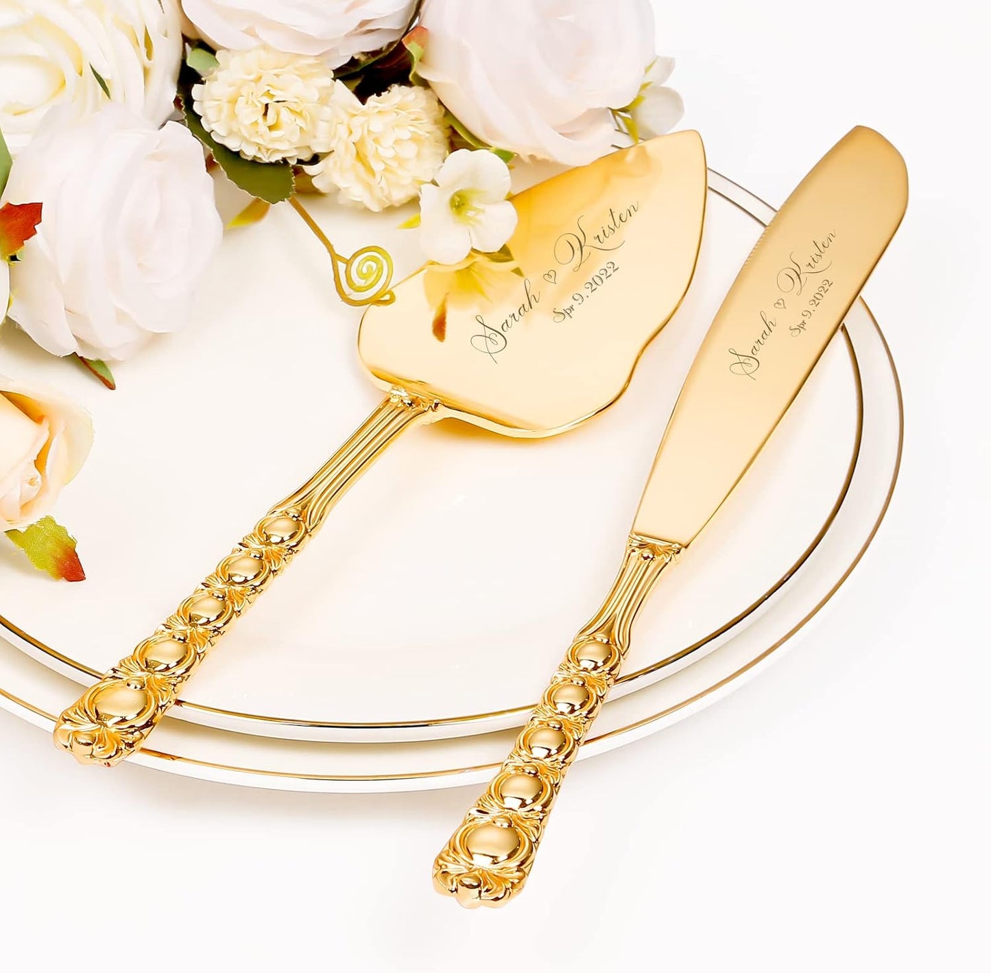 Wedding Cake Knife and Server Set, Personalized Gold Cake Cutting Set for Wedding, Engraved Classic Cake Knives Cutter Set, Pie Server, Birthday Bridal Quinceañera Gift (CUS-Flower)