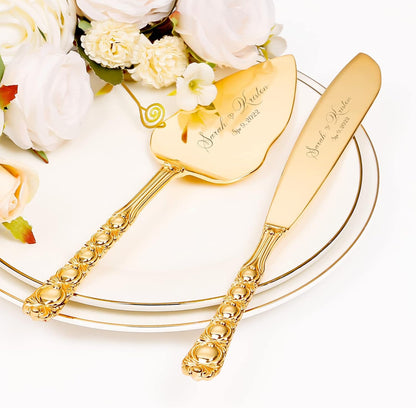 Wedding Cake Knife and Server Set, Personalized Gold Cake Cutting Set for Wedding, Engraved Classic Cake Knives Cutter Set, Pie Server, Birthday Bridal Quinceañera Gift (CUS-Flower)