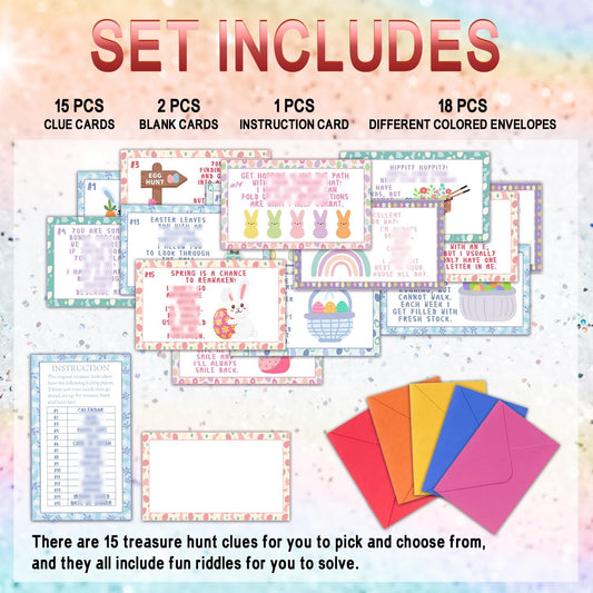 Easter Treasure Hunt Clue Card, Egg Bunny Floral Decor Easter Scavenger Hunt, Set of 18 Cards and 18 Envelopes, Spring Holiday Celebration Activity Party - FH1