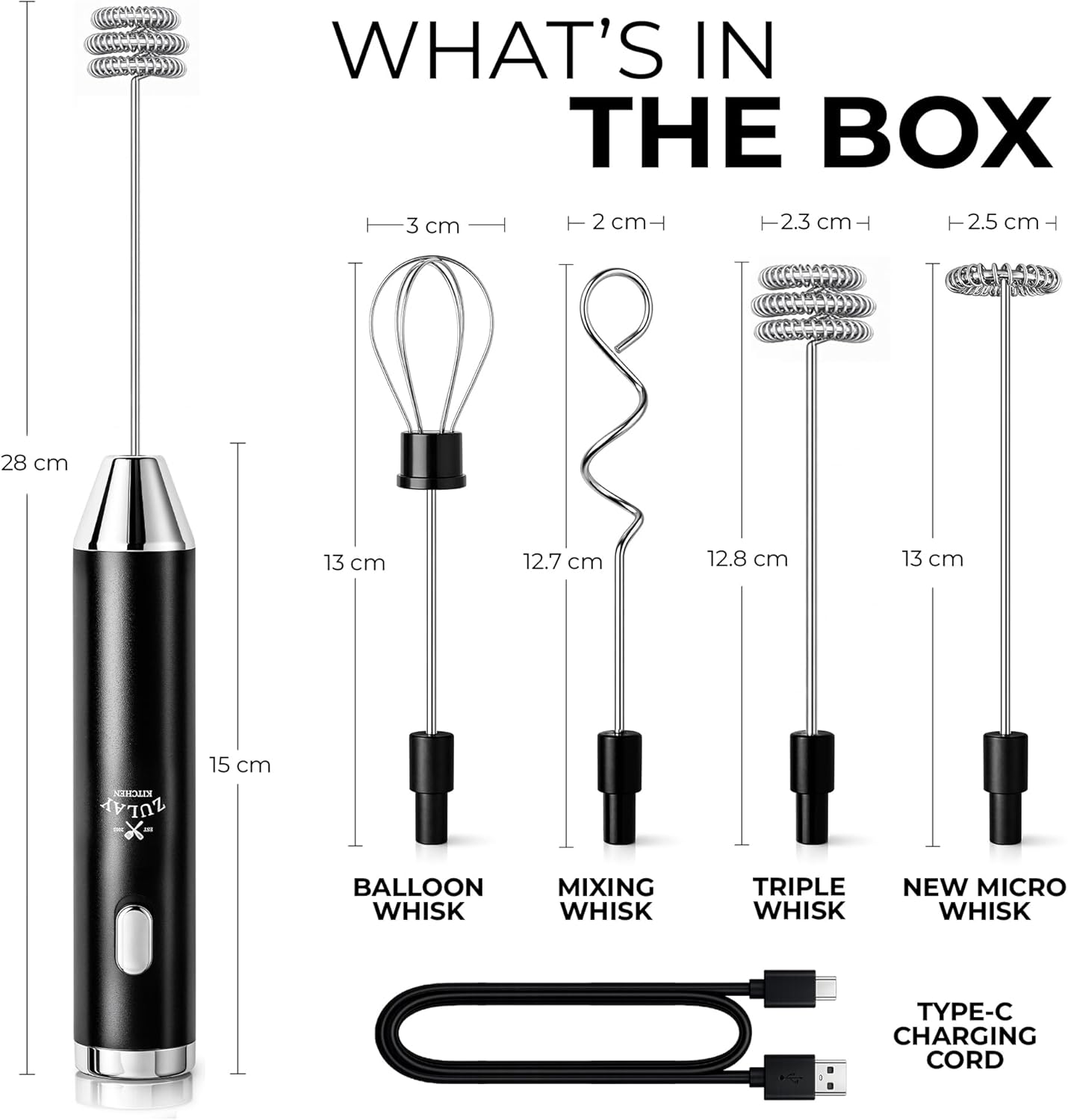 Zulay Kitchen Powerful Milk Frother Wand With Duracell Batteries - Ultra Fast Handheld Drink Mixer - Electric Whisk Foam Maker for Coffee, Lattes, Cappuccino & Matcha - Z1 Motor - Black - Colors A