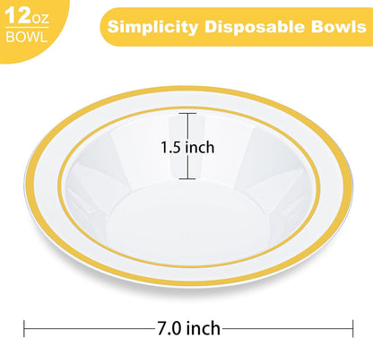 BESTVIP 100 Pack Plastic Bowls with Gold Rim, 12 oz Disposable Soup Bowls, Heavy-duty Dessert Salad Bowl for Party, Wedding, Christmas, Dinner, Catering