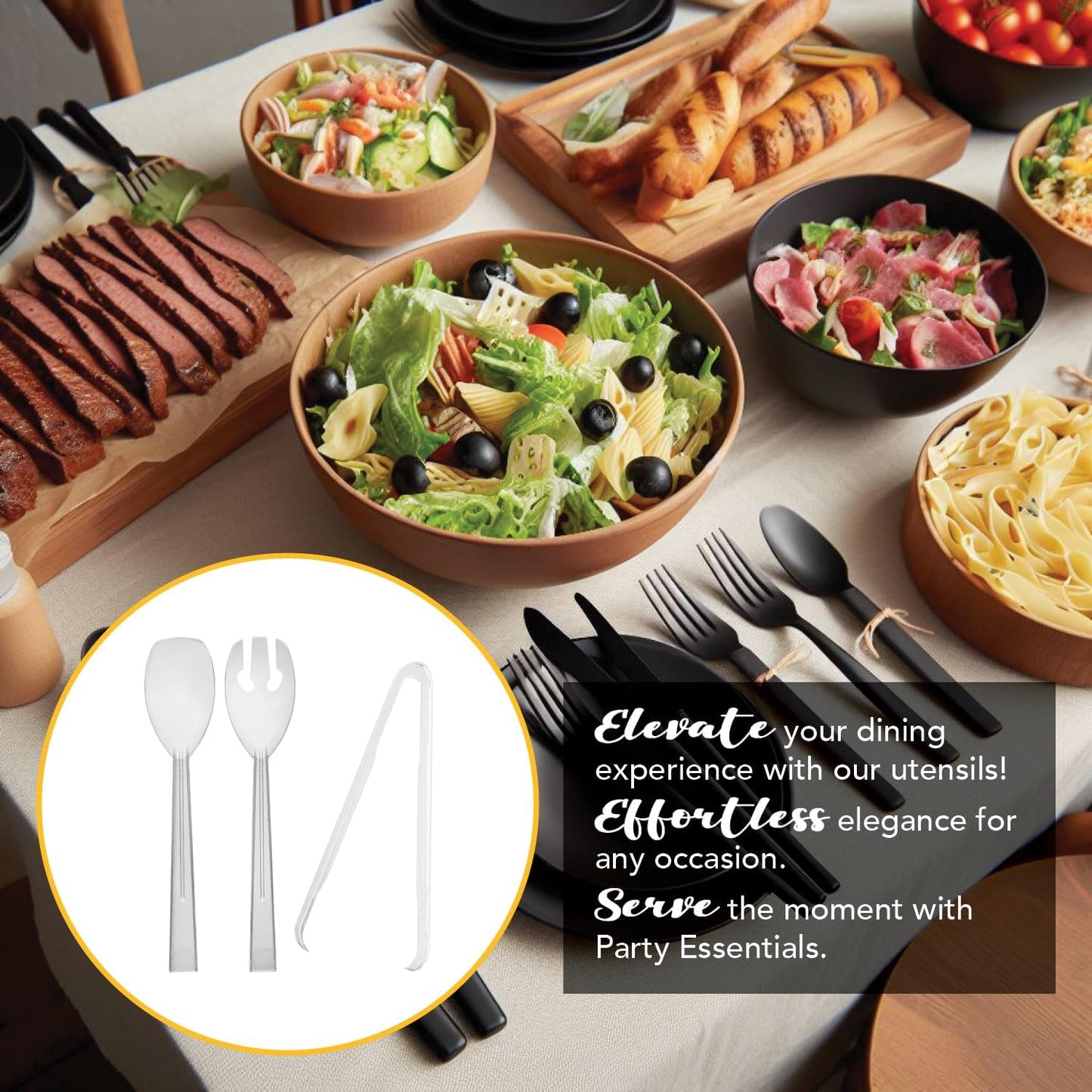 Party Essentials Plastic Party Buffet Serving Utensils Kit, Spoons/Forks/Tongs, 20-Piece, Clear